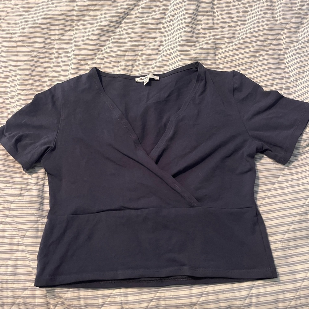 Subdued Wrap Front Crop Tee Navy Blue